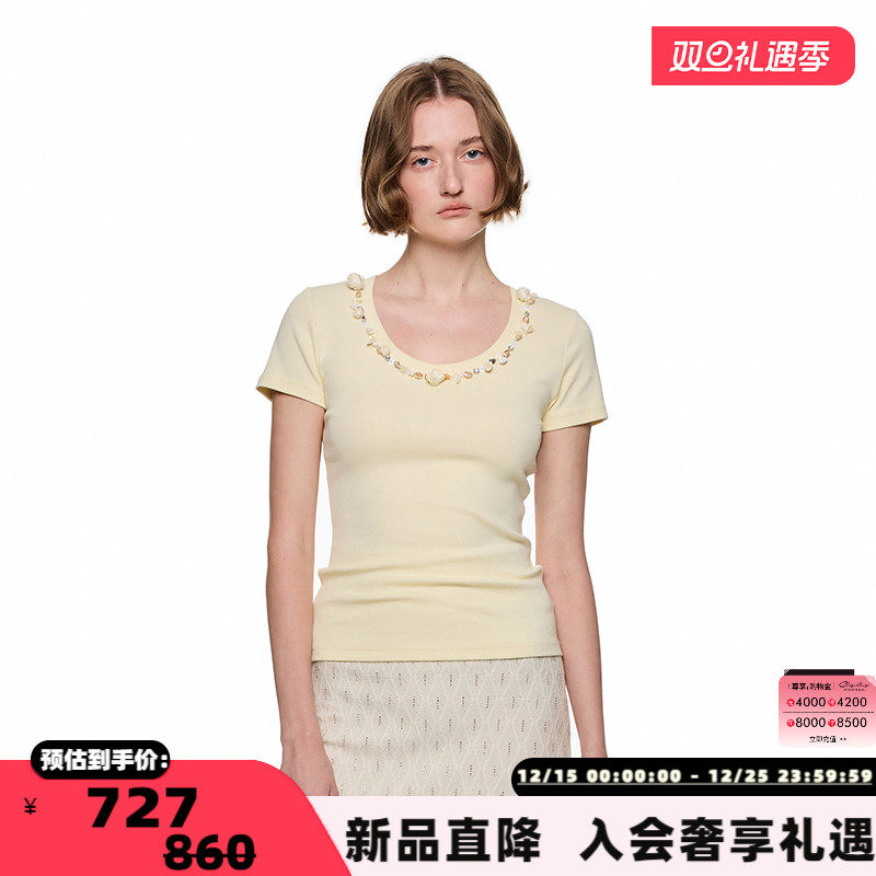 SHRO ENRO 25新款女士手工订珠贝壳花朵短袖T恤银泰百货 301469