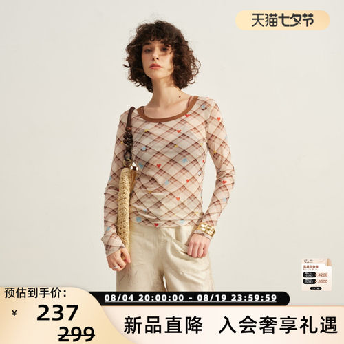 SOFITTE 26春夏新款女士轻薄网纱格纹印花修身长袖T恤银泰 301355