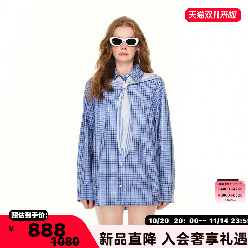 蓝色格子烫钻衬衫银泰百货精品