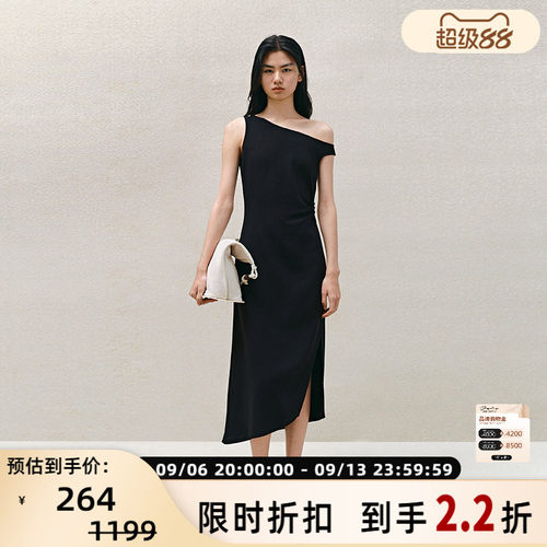 掐褶开衩斜下摆中长款连衣裙