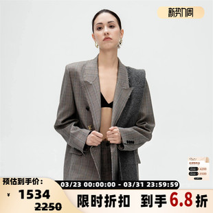 银泰百货精品 25秋冬女士格纹双排扣毛边西装 301600 Peiskos Kar