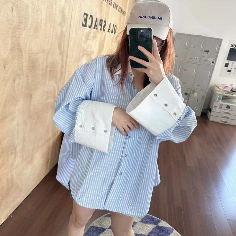 BANSLANDER 25新款女士植绒印花条纹廓形衬衫外套银泰百货 301601