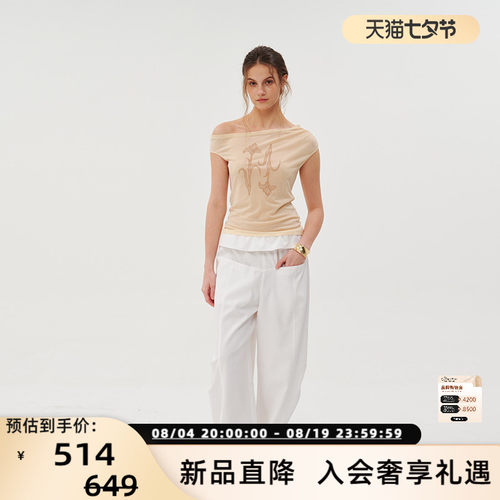 醋酸印花斜肩无袖T恤女