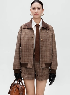 Kar Peiskos 25秋冬女士复古咖色毛织边格纹短夹克银泰 301600