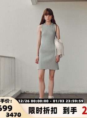 【折扣】RECTO 春季女士银色修身极简无袖日常圆领及膝连衣裙