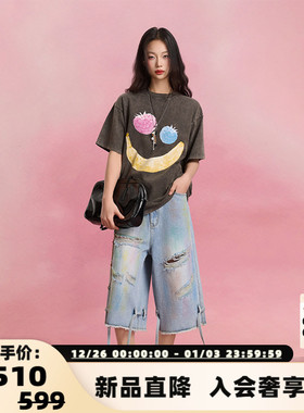 Sofitte棉质做旧水洗水果印花圆领女士短袖T恤  301355