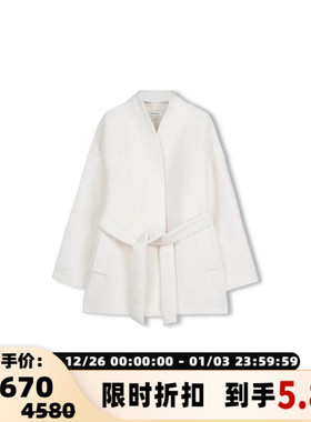 CONCISE-WHITE 秋冬女士羊毛立领落肩系带毛呢外套301257