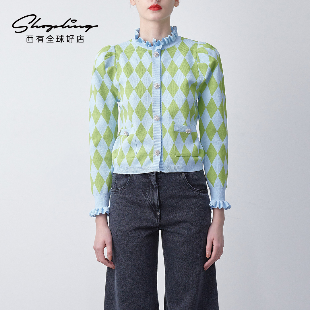 Pushbutton 韩系修身女士菱形格状针织开衫银泰百货 301596