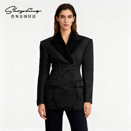 pushBUTTON 秋冬新款女士黑色OL风褶皱双排扣西服银泰百货 301596