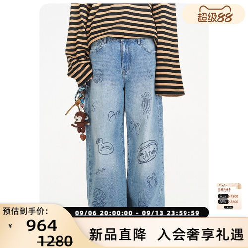 ANDREA MARTIN26春夏女士做旧童趣涂鸦阔腿纯棉牛仔裤银泰301489