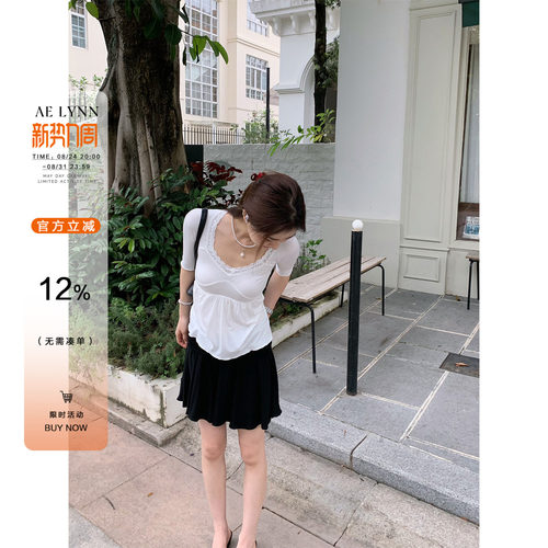 AELYNN纯欲蕾丝花边拼接中袖t恤