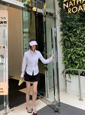OTee条纹polo领长袖衬衫女春季纯棉防晒收腰显瘦气质衬衣