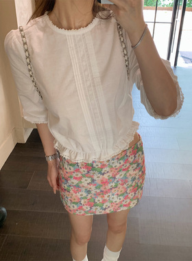 AE LYNN法式白色气质泡泡袖衬衫女夏季超好看修身显瘦七分袖上衣