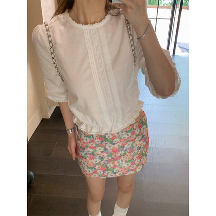 AE LYNN法式白色气质泡泡袖衬衫女夏季超好看修身显瘦七分袖上衣