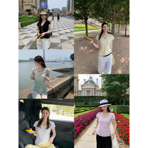 AELYNN韩系纯色v领短袖t恤女夏