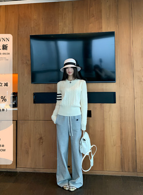 OTee灰色直筒休闲裤女款春季垂感运动显瘦抽绳松紧腰裤子