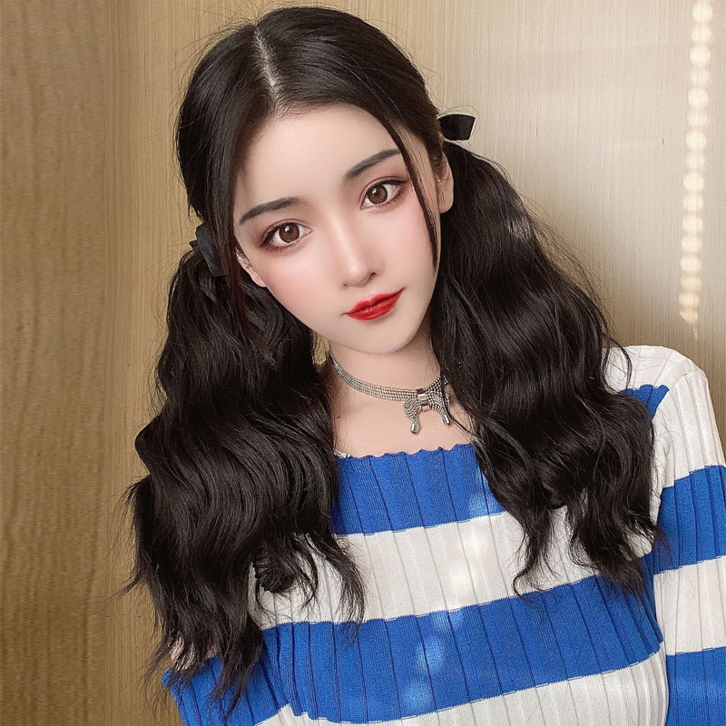 双马尾假发女生绑带系绳马尾辫子水波纹高低卷马尾可爱仿真发尾
