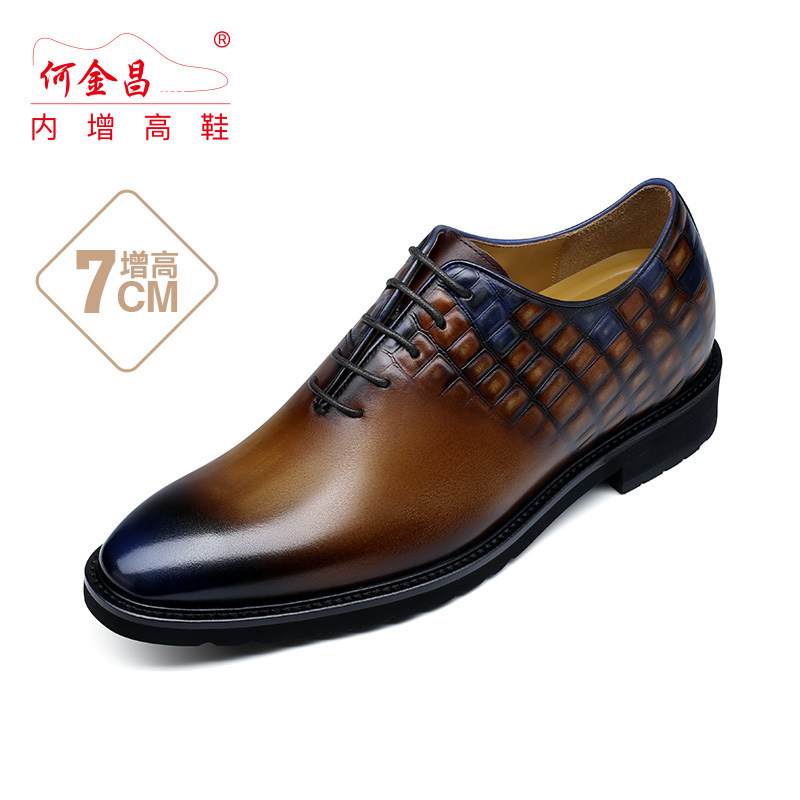 精品定制何金昌内增高皮鞋7CM 牛皮手工擦色商务正装休闲鞋男士鞋