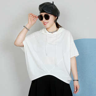女士短袖 2024夏潮新韩版 版 T恤 宽松显瘦连帽抽带个性 T恤上衣蝙蝠袖