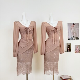 蕾丝半身裙套装 M.Y原创设计 辣妹脂粉玉女人味绑带褶皱上衣