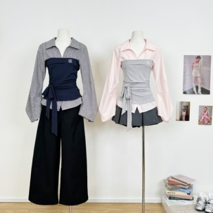 套装 M.Y原创设计 上衣阔腿裤 小众撞色衬衣收腰长袖 拼接假两件衬衫