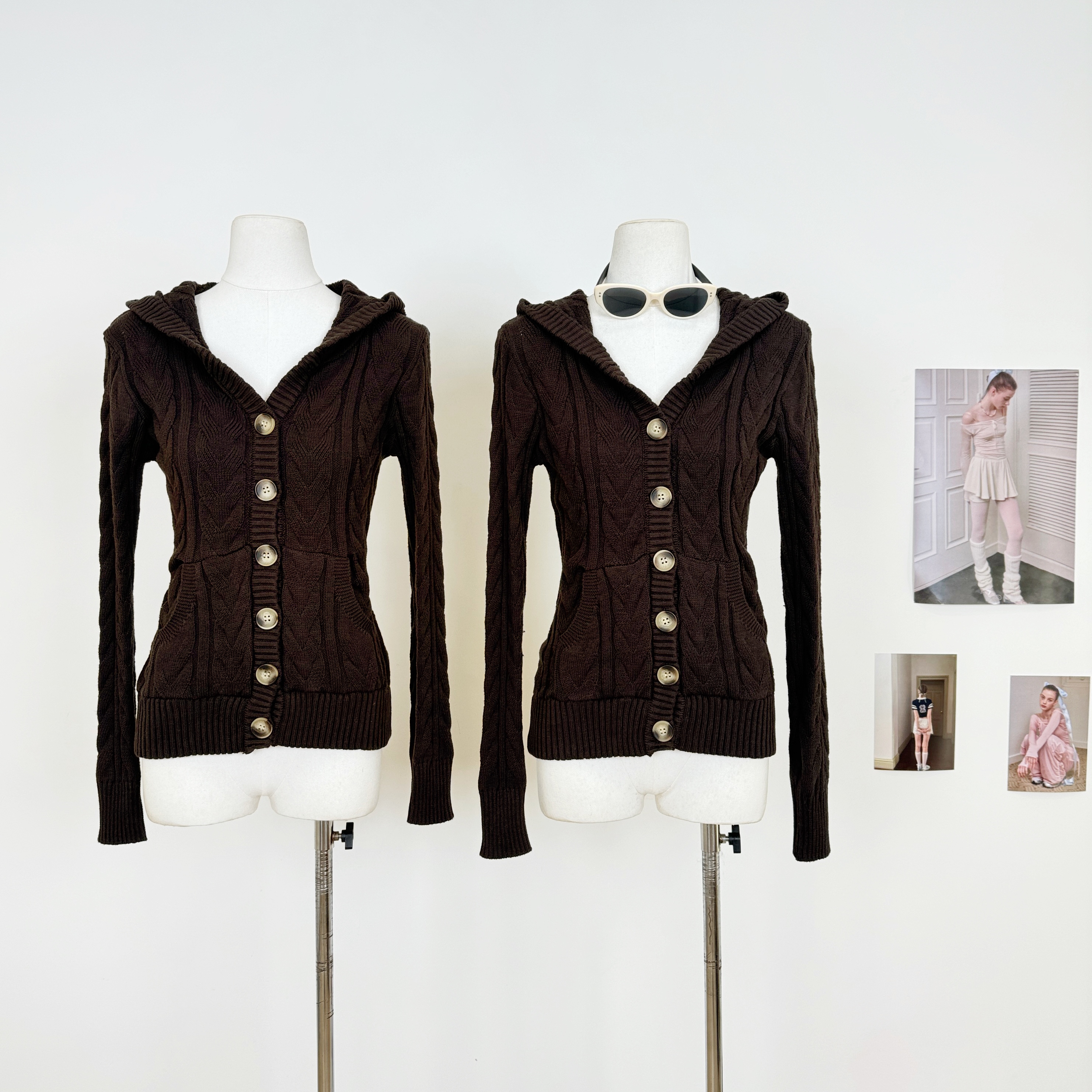 M.Y原创 纽扣绞花毛衣帽衫棕色短款修身显瘦古早感复古针织上衣