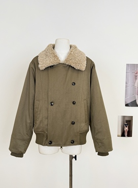 M.Y原创设计 秋冬新款大翻领时尚双排扣夹克上衣棕绿棉服外套女