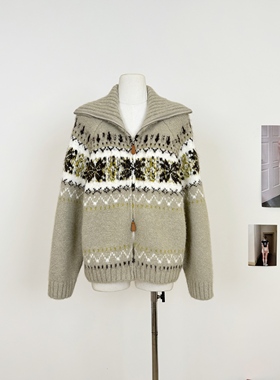 M.Y原创设计 绵羊毛混纺费尔岛翻领针织开衫女冬季新款毛衣