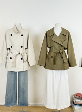 M.Y原创设计 JI典斜纹大牌立体廓形翻领短款风衣外套女