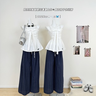 套装 格子阔腿裤 女 韩系通勤收腰花边抹胸吊带上衣 M.Y原创设计