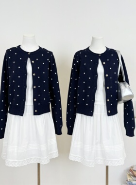 M.Y原创 藏蓝色新款复古波点满印毛衣针织开衫女外套百搭显瘦上衣