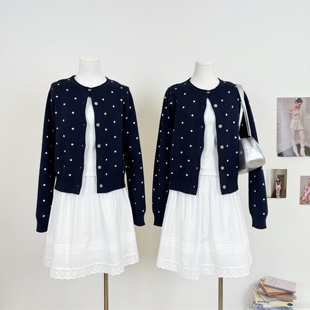 M.Y原创 藏蓝色新款复古波点满印毛衣针织开衫女外套百搭显瘦上衣