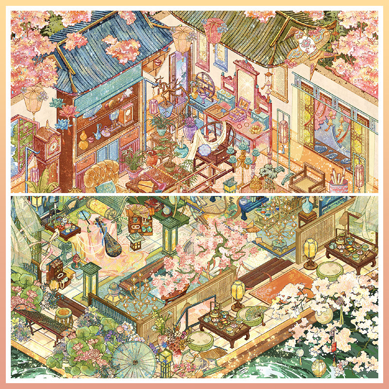 小日子不翻篇 原创古风画舫微缩场景解压亮膜烫金大版diy造景贴纸