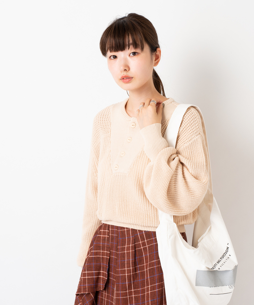 日单秋季全棉圆领灯笼袖套头毛衣