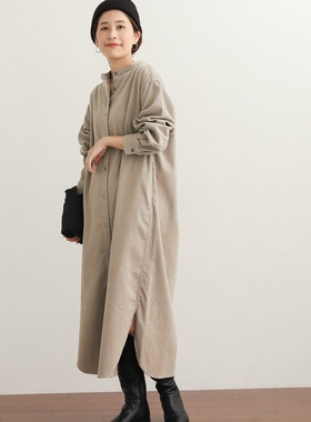 日单 2025秋季新款女全棉灯芯绒圆领百搭休闲条纹衬衫连衣裙IENA