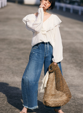 日单2025秋季新口全棉水洗破洞立体剪裁宽松高腰马蹄牛仔裤 Plage