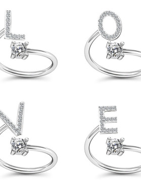 欧美新款创意26字母戒指可调节微镶钻英文A-Z指环跨境饰品批