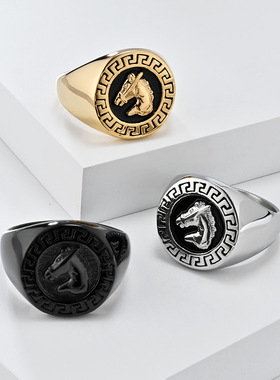 欧美复古嘻哈小众个性马头钛钢戒指环男士高级设计感动物穿搭首饰