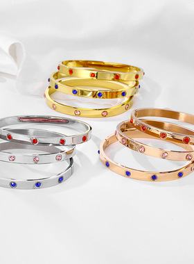 跨境爆款红蓝彩色锆石时尚全钻钛钢不掉色小众高级感闺蜜情侣手环