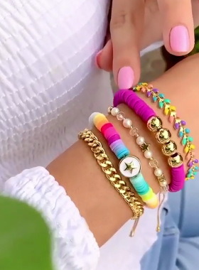 亚马逊欧美波西米亚风时尚铜镀金古巴链多层叠戴串珠天然珍珠手链