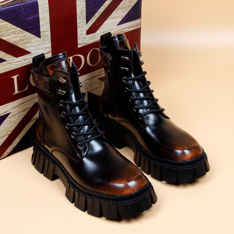 TRENDY BRAND BRITISH STYLE SHINY LEATHER MARTIN BOOTS MENS AUTUMN BREATHABLE THICK SOLE HEIGHTENED CASUAL HIGH-TOP LEATHER BOOTS SHORT CARGO BOOTS