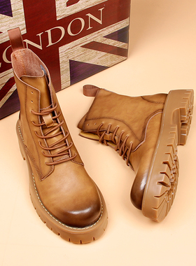 新款男短靴加绒机车马丁靴皮鞋男高帮鞋真皮靴子英伦增高厚底黄色