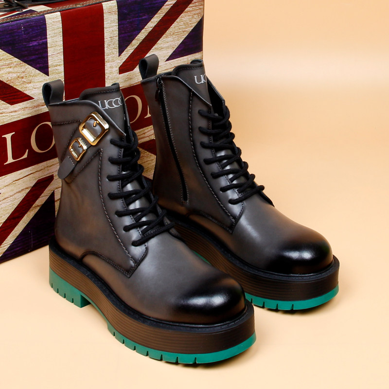 EUROPEAN STATION THICK-SOLED HEIGHTENED LACE-UP MARTIN BOOTS MENS AUTUMN BREATHABLE TIDE MENS MID-RISE LEATHER BOOTS CASUAL AND VERSATILE SHORT BOOTS