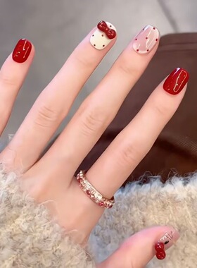 手工穿戴甲红色Kitty猫2025新款婚甲短款豆豆甲可爱显白猫眼美甲