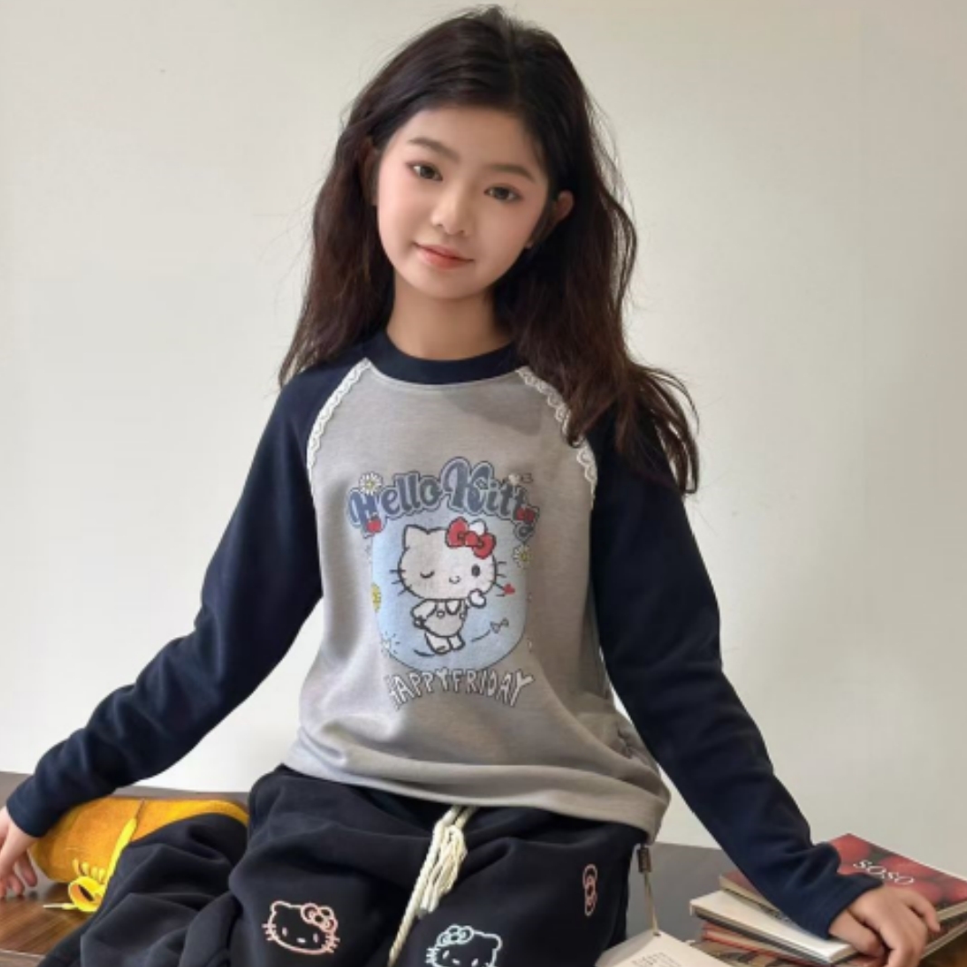 【德绒磨毛】韩版女童装儿童中大童冬季KT猫蕾丝插肩袖T恤打底衫