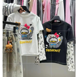 修身 长袖 女童装 假2件时髦新品 卫衣辣妹t恤 儿童中大童春季 韩版