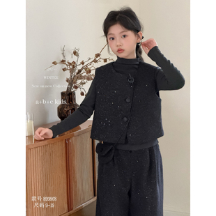 【早春！小香风】女童春季时髦马甲打底衫阔腿裤年货款毛呢三件套