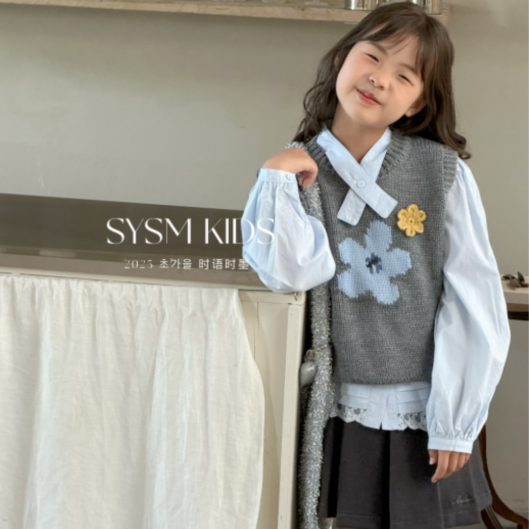 【2件套】甜美韩版女童装儿童中大童冬季针织马甲长袖衬衫百搭T恤