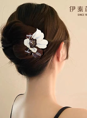 伊泰莲娜 醋酸板材咖色花朵U型发簪 盘发叉轻奢大簪子时尚发插 女