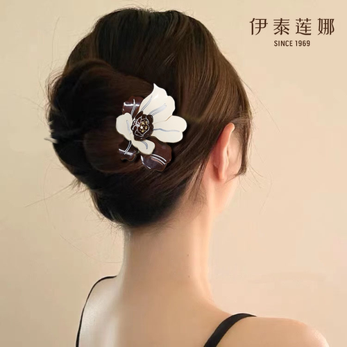 伊泰莲娜 醋酸板材咖色花朵U型发簪 盘发叉轻奢大簪子时尚发插 女
